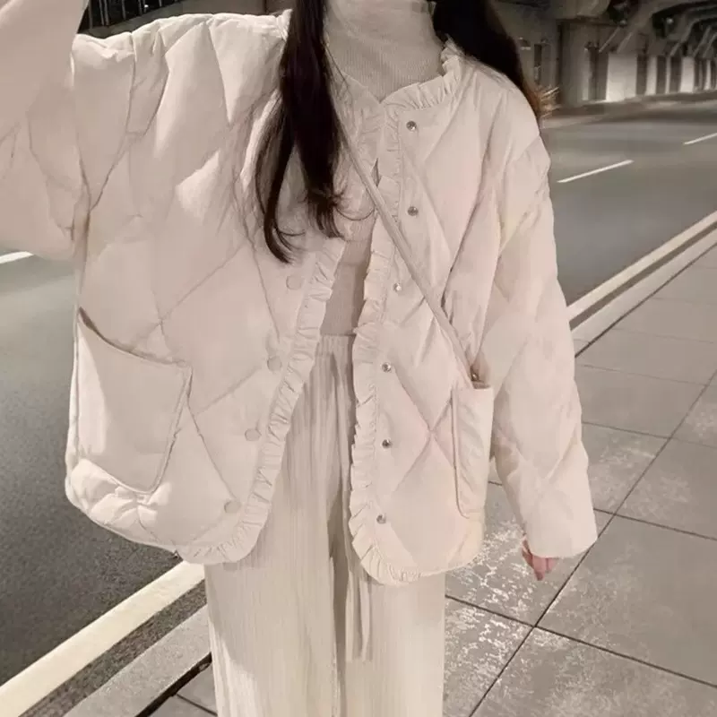 温柔菱格羽绒棉服衣女设计感小众韩系宽松显瘦小个子短外套秋冬季