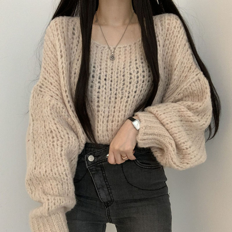 Korean Chic Autum Versatile Candy Color Skin-Showing Pullover Loose Thick Thread Lantern Sleeve Knitted Sweater for Women Yellow