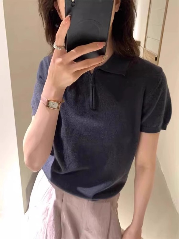 6752 # グレーアメリカンハーフジップポロシャツレディース夏スリムラペル右肩ニット半袖Tシャツデザイン|undefined