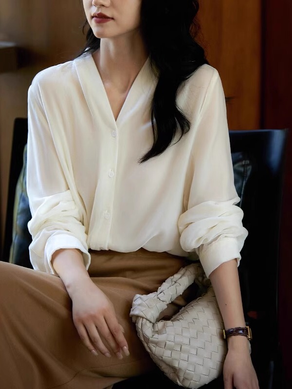 优雅轻奢感 丝绒气质V领单排扣显瘦长袖衬衫上衣女|undefined
