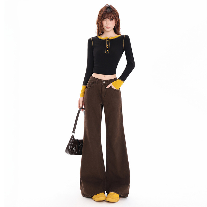 American-Style Brown Flared Jeans for Women, 2026 Spring New Low-Waist Loose Fit, Slimming, Non-Tight, Floor-Length Bell-Bottom Pants