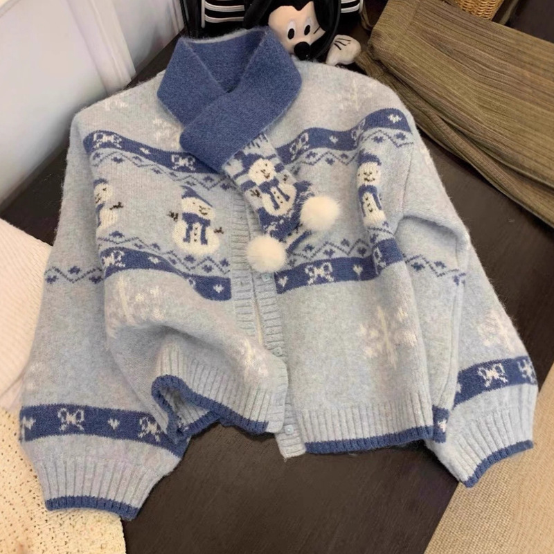 Cross-Border Supply Factory Custom-Made Christmas Outfits Fair Isle Sweater Cardigan for Women Autumn and Winter Mohair Knitwear Jacket