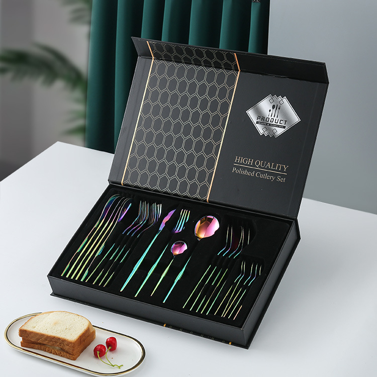 Amazon transfronteriza de 24 piezas de acero inoxidable occidental vajilla traje 1010 cuchillo, tenedor y cuchara de oro natural de almacenamiento en rack caja de regalo