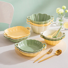 Double-ear ceramic soup bowl household dishes large tableware simple cream style ins style light food salad bowl plate