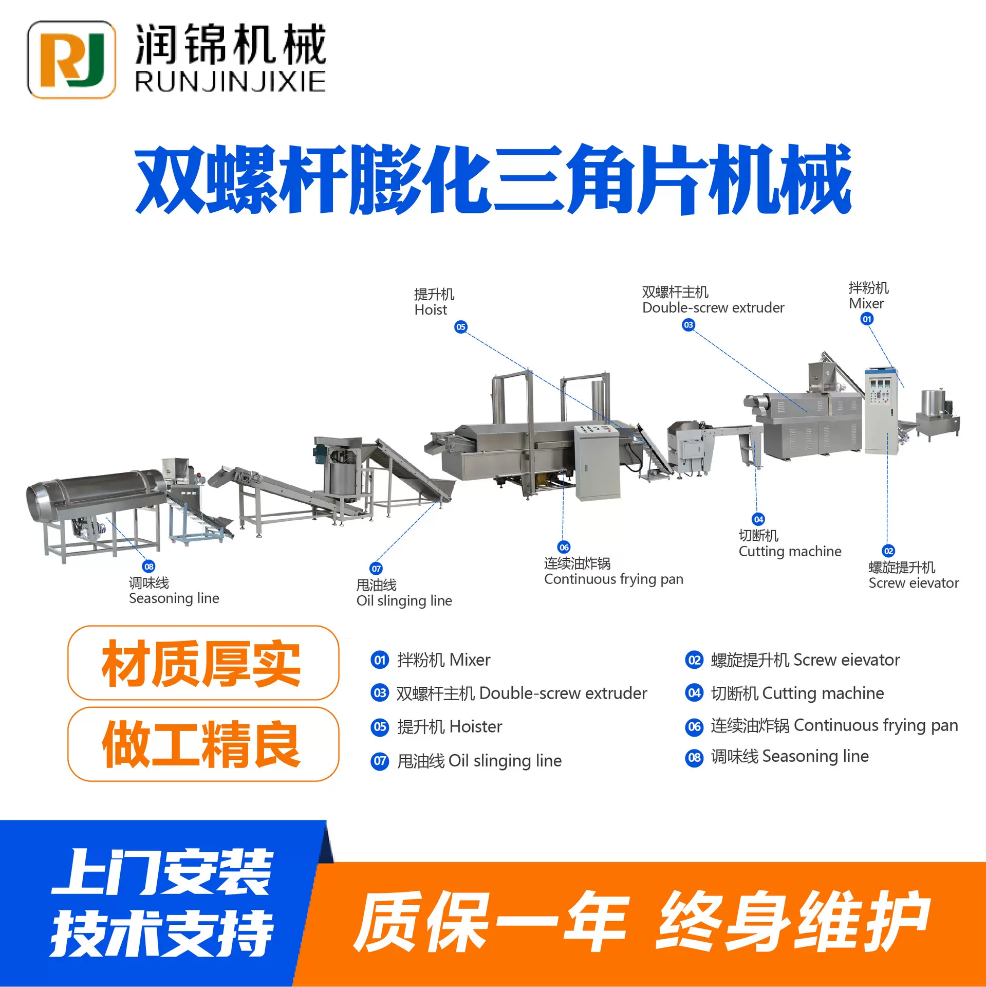 双螺杆膨化三角片设备润锦机械休闲食品生产线厂家膨化三角片设备