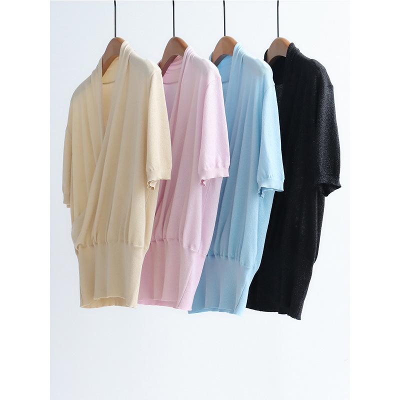 Overlapping V-neck sweater short sleeve French lyocell thin flash waist thin top pullover spring and summer temperament thin Overlapping V-neck sweater short sleeve French lyocell thin flash waist thin top pullover spring and summer temperament thin