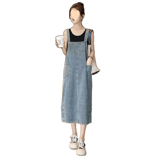 High-end western-style denim strap dress, women's medium and long 2025 summer new Korean style skin-covering dress, fashionable