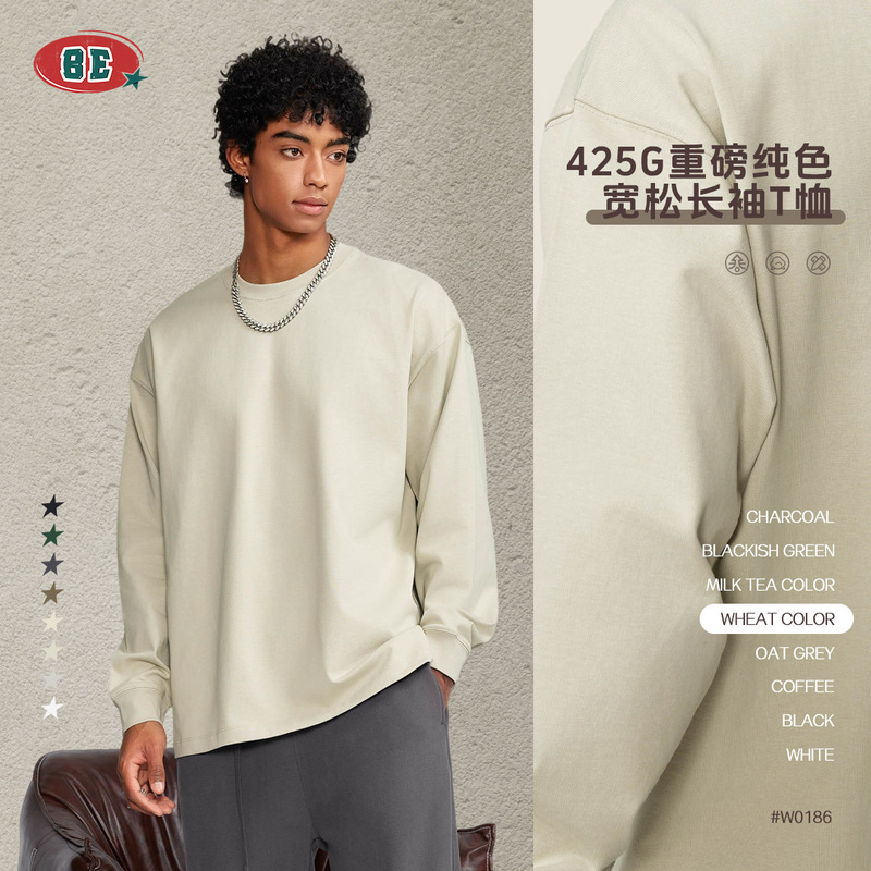 Be Men's Clothing 2025 Autumn/Winter Balenciaga Heavyweight Pullover Long Sleeve Youth Pure Cotton Loose Fit Oversized T-Shirt for Men Trendy
