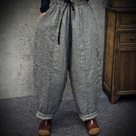 2025 秋冬新款 格子亚麻休闲裤 加棉文艺九分裤棉裤哈伦裤百搭