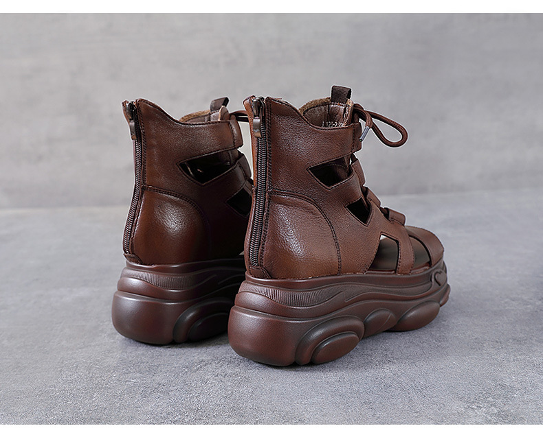 Sandal nữ da bò thật đế bánh xốp tăng chiều cao, quai mảnh cổ cao phong cách La Mã — Màu nâu chi tiết 14