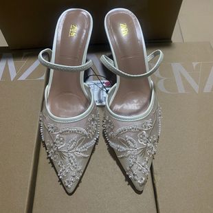 ZA 2025 New New Pointed Head Baotou Empty Solid Color Embroidered Mesh Fine Heeled Mueller Shoes 8236