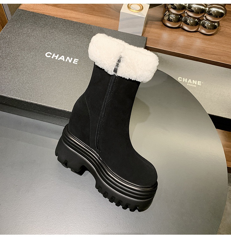 Boot ngắn nữ gót nêm lông cừu nhân tạo, tăng chiều cao bên trong, form ấm mùa đông — mơ 15cm chi tiết 19
