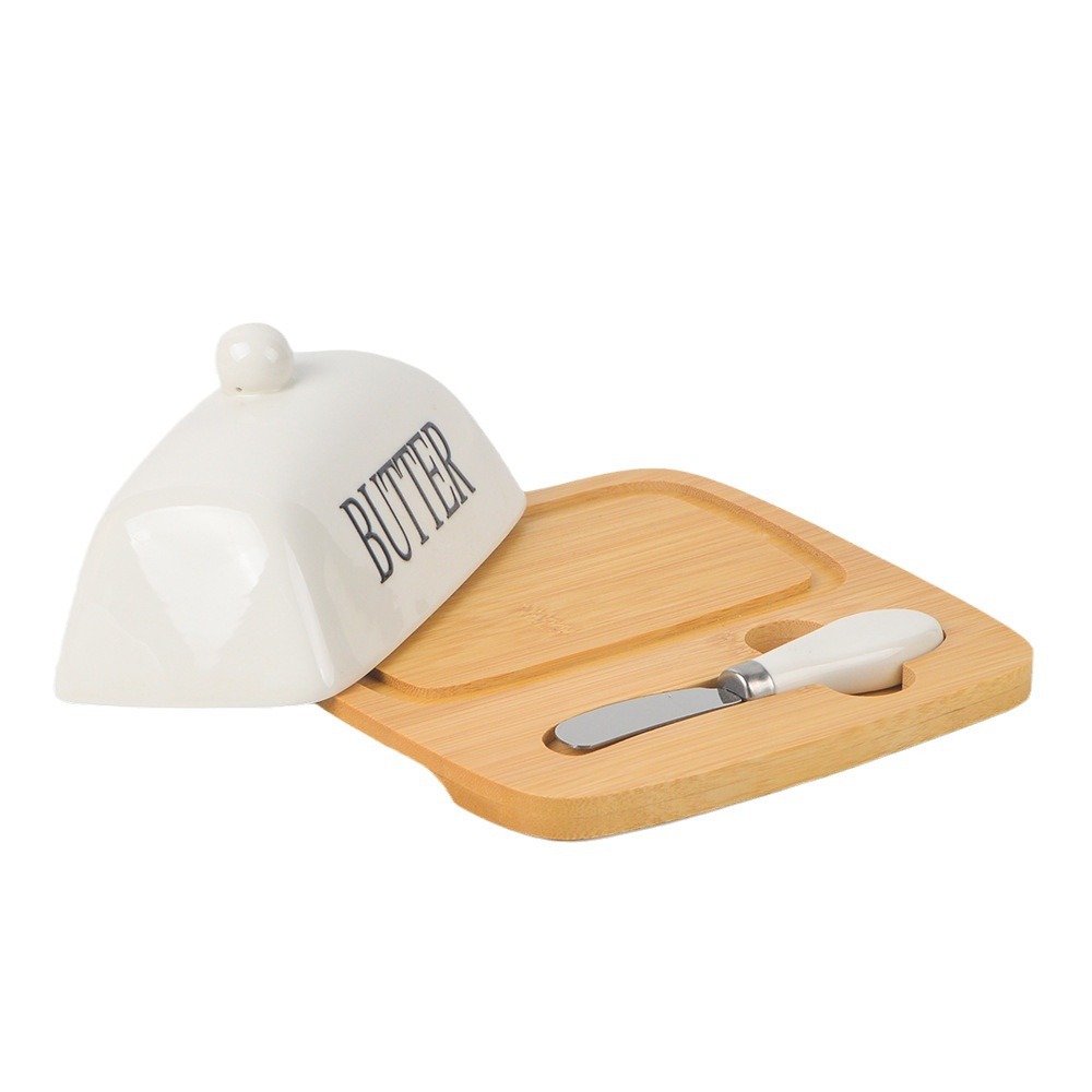 Caja de mantequilla de cerámica de explosión transfronteriza caja de queso doméstica de gran capacidad tazón de mantequilla con cuchillo cubierta de madera de bambú