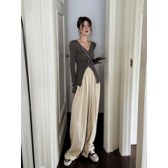 早秋机能小众设计感排扣v领纯色休闲辣妹上衣高腰阔腿裤女两件套