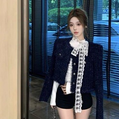 三件套女2025早秋季新款富家千金小香风蓝色外套T恤上衣黑色短裤