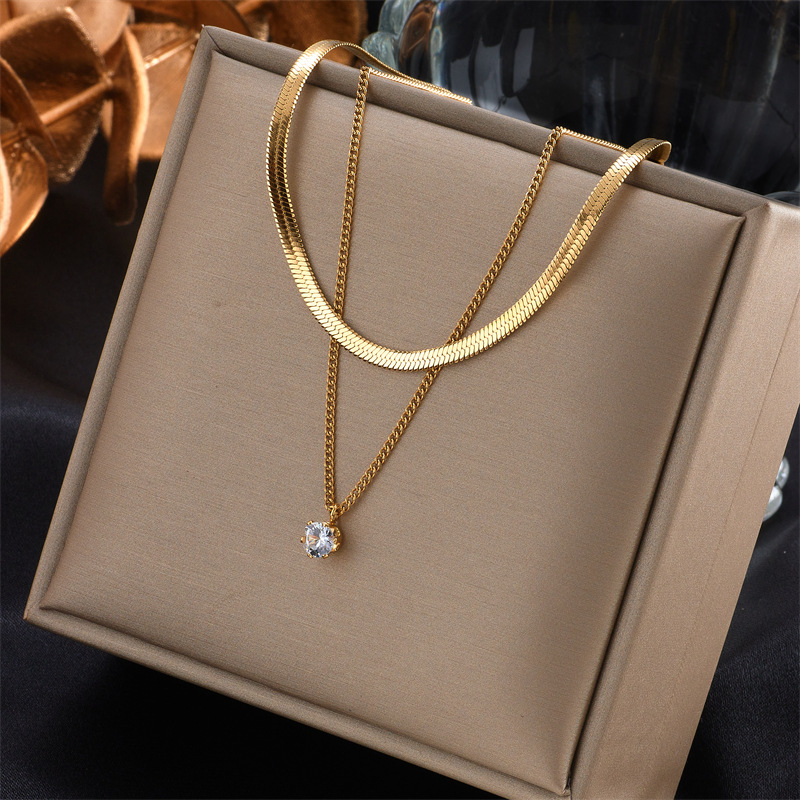 fashion simple titanium steel double-layer necklace inlaid zircon necklace