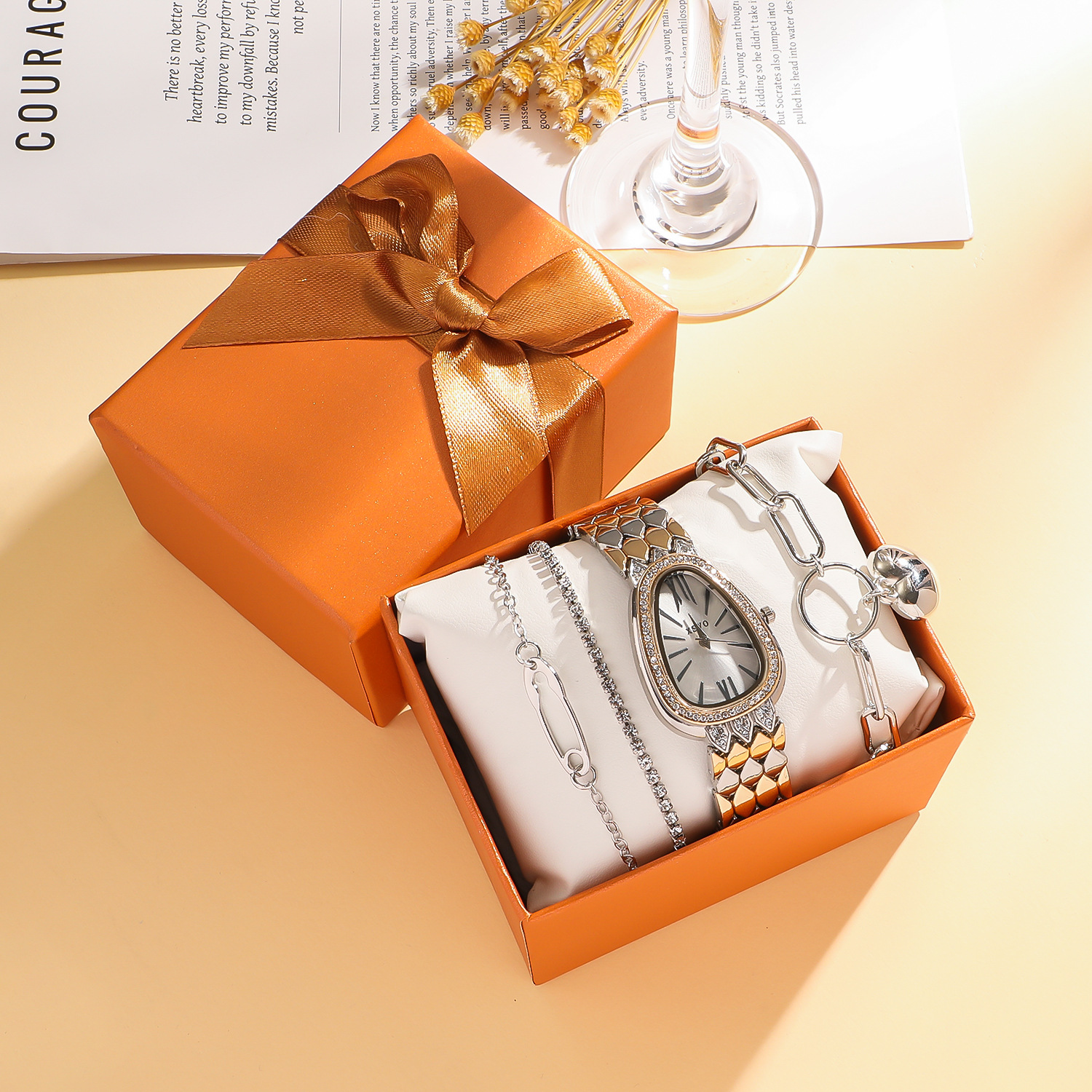 Fashion Women Quartz Wristwatch Water Drop Shape Shell Face Diamond Steel Band Watch Ladies Watch Bracelet Jewelry Set