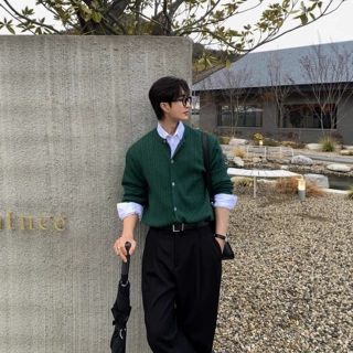 韩系男士针织开衫春季新款百搭小众设计麻花纹轻熟高端毛衣休闲潮