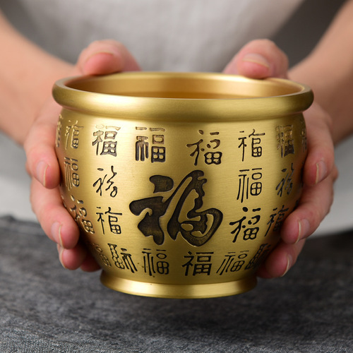 Pure brass Baifu cylinder, rice cylinder, cornucopia, financial cylinder, desktop small copper ornaments, ashtray, copper incense stove, copper cylinder batch