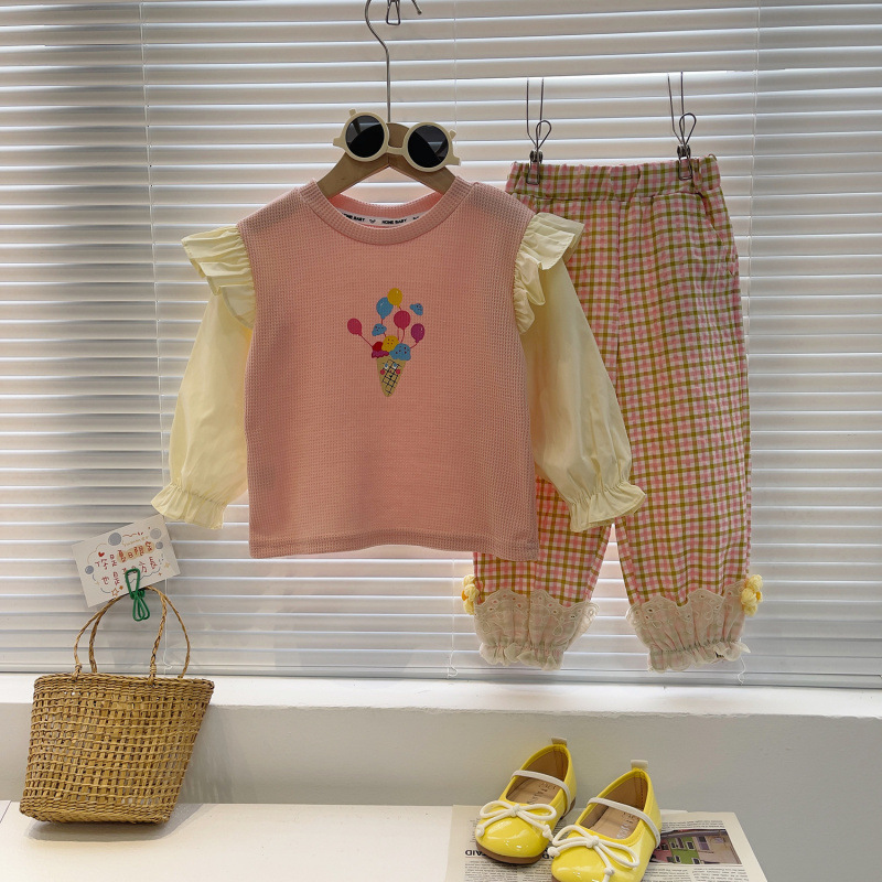 童装批发新款两件套2024秋装新款女童长袖薄款套头上衣格子裤套装