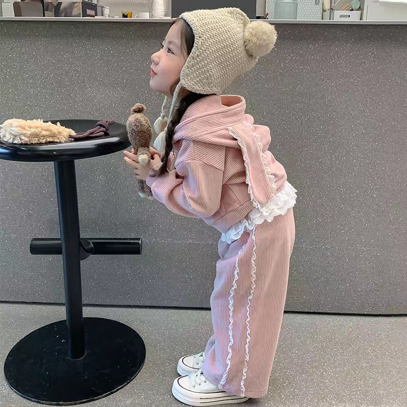 甜美蕾丝边兔耳朵连帽卫衣外套休闲舒适运动长裤女孩韩版两件套潮