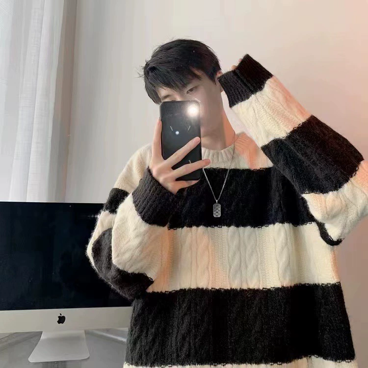 Winter sweater with a round collar, trend knitted jacket, increased thickness