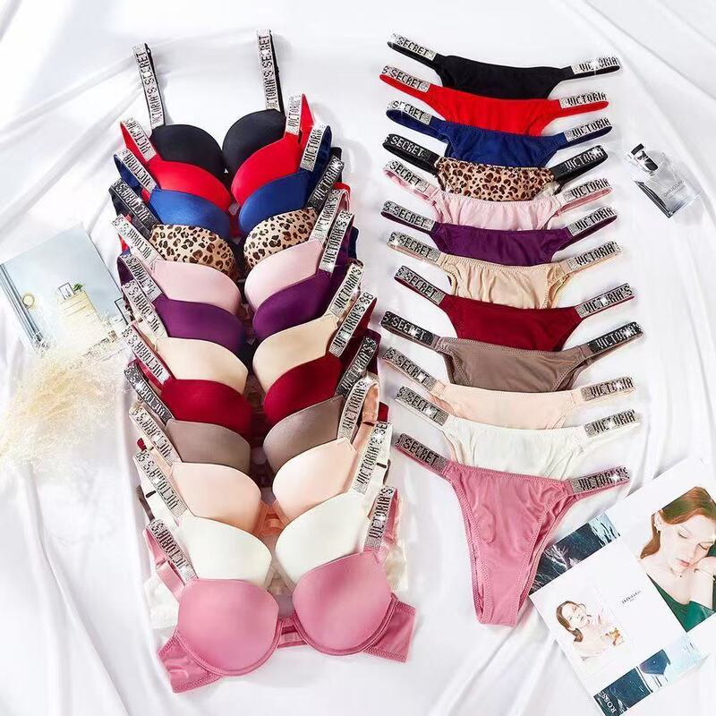 Victoria Women's Sparkling Diamond Wide Shoulder Strap Push-Up Bra Women's European and American Accessible Luxury High Slit Sexy Intimates Set