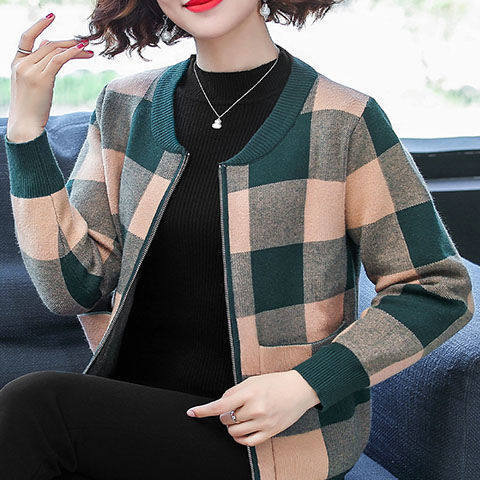 plus size Women's New Style Mother's Sweater Styline Plaid Jacket Age-reducing Middle-aged and Elderly Spring and Autumn Zipper Cardigan Top