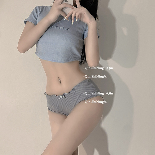 Japanese-style desirable and pure thread pure cotton women's medium waist comfortable lotus edge striped breathable cotton crotch triangle pants