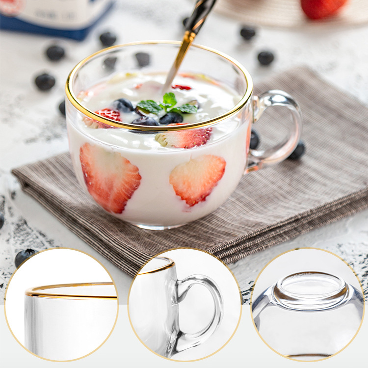 Wholesale Famous Household Milk Cup Nordic Gold-Rimmed Glass Bowl Multi-Function Breakfast Cup with Handle Glass Cup Coffee Cup