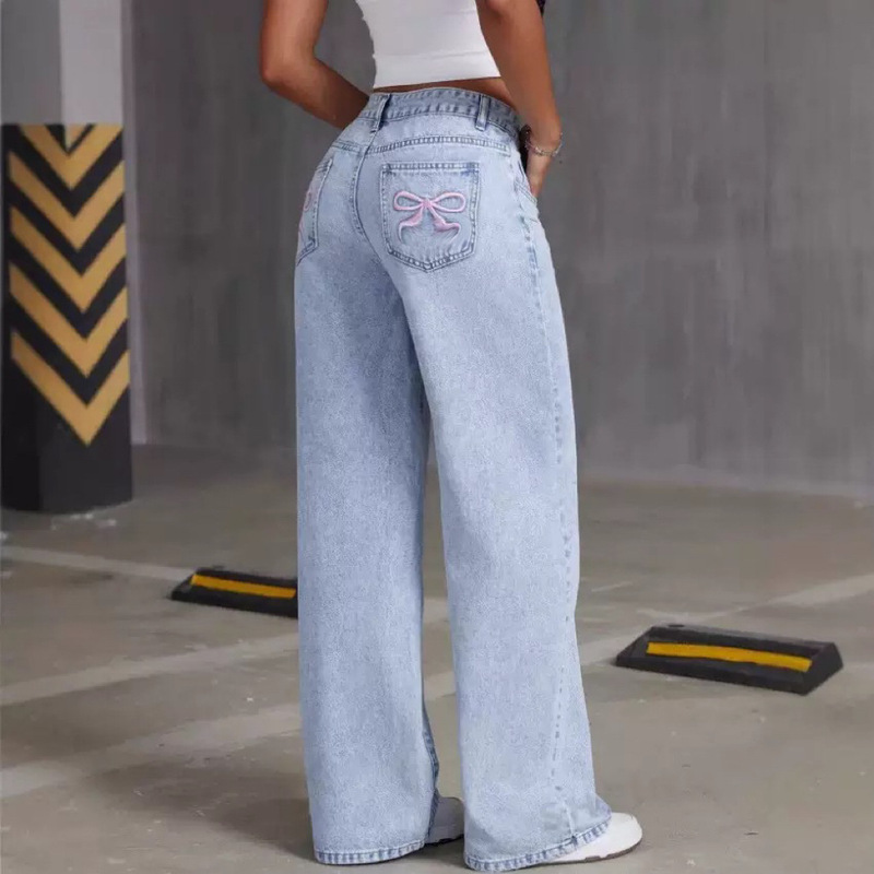Spring and Autumn Sweet Hot High Waist Straight Loose Trousers Cross-border Amazon Bow Embroidered Jeans Women's Cross-border Spring and Autumn Sweet Hot High Waist Straight Loose Trousers Cross-border Amazon Bow Embroidered Jeans Women's Cross-border