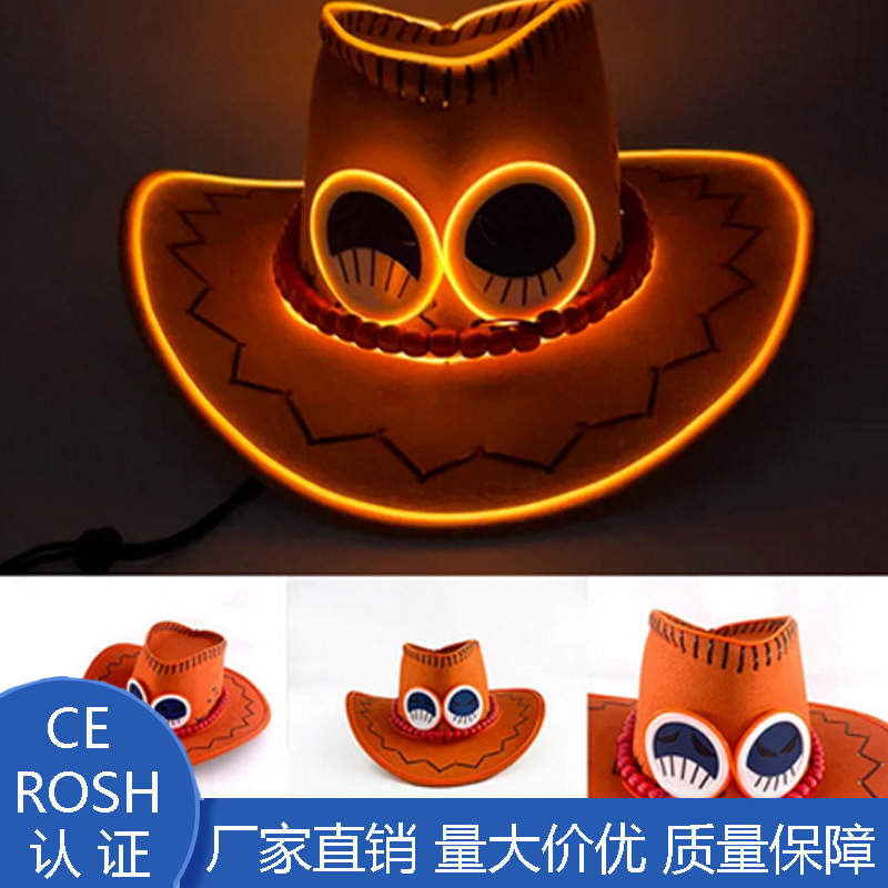 LED iluminado One Piece Fighter Ace sombrero tendencia COS sombrero vaquero occidental LED iluminado esqueleto sombrero pirata