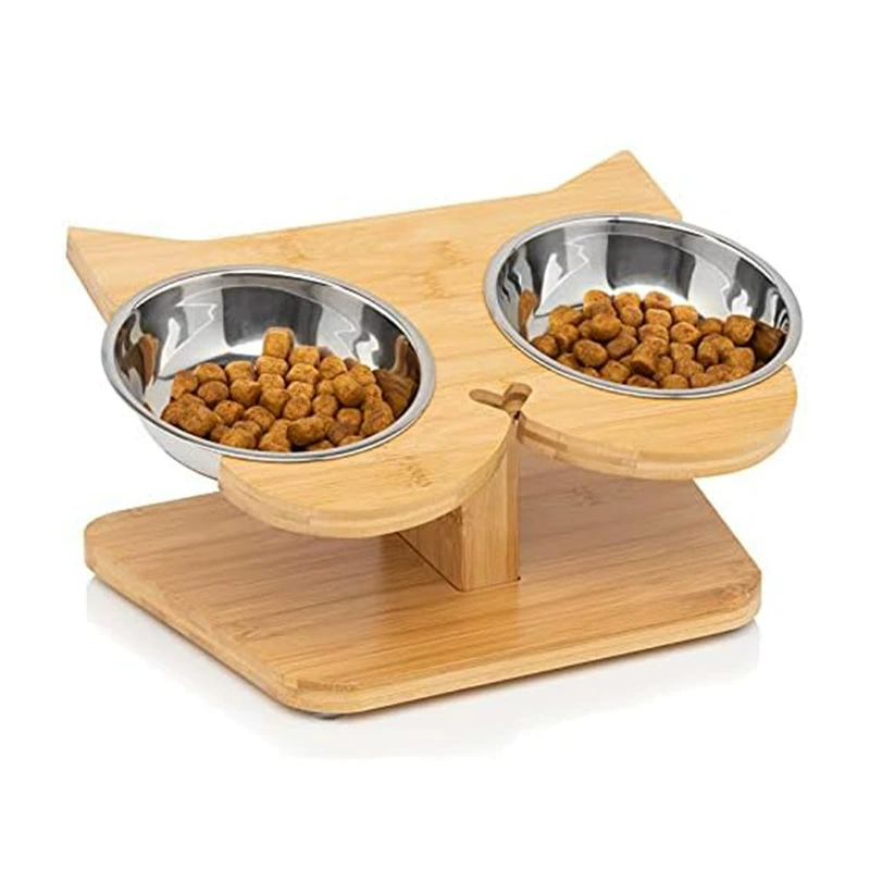 Стойка для кормления Cat Head бамбуковая кошка с двойной чашей обеденный стол с наклонной защитой шейного отдела позвоночника деревянная стойка для кормления стойка для миски с водой из цельного дерева