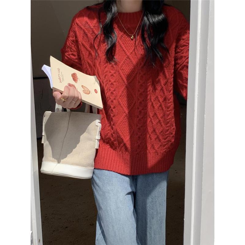 New Year'S Red Twist Sweater Women'S Autumn And Winter New Retro Lazy Wind Round Neck Pullover 15 Undefined