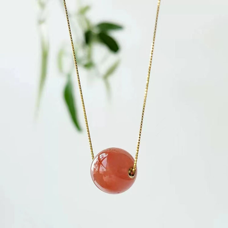 电镀真金女式文艺吊坠项链玛瑙小圆满圆珠颈链冰红路路通吊坠简约