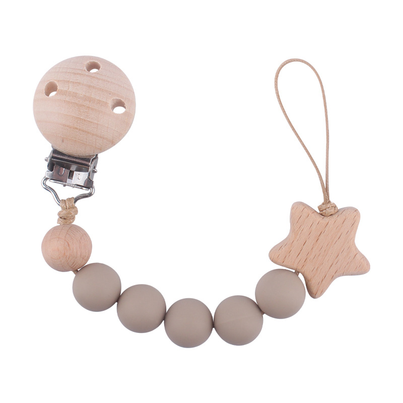 Nuevo bebé haya chupete clip calmante bebé cuentas de silicona estrella de haya de dibujos animados cadena de chupete cadena anti-gota