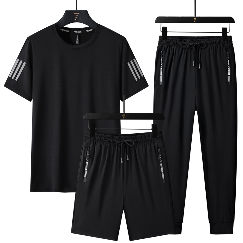 Traje de ocio deportivo de seda de hielo de talla grande para hombre de verano camiseta de cuello redondo pantalones sueltos de manga corta de secado rápido tres piezas