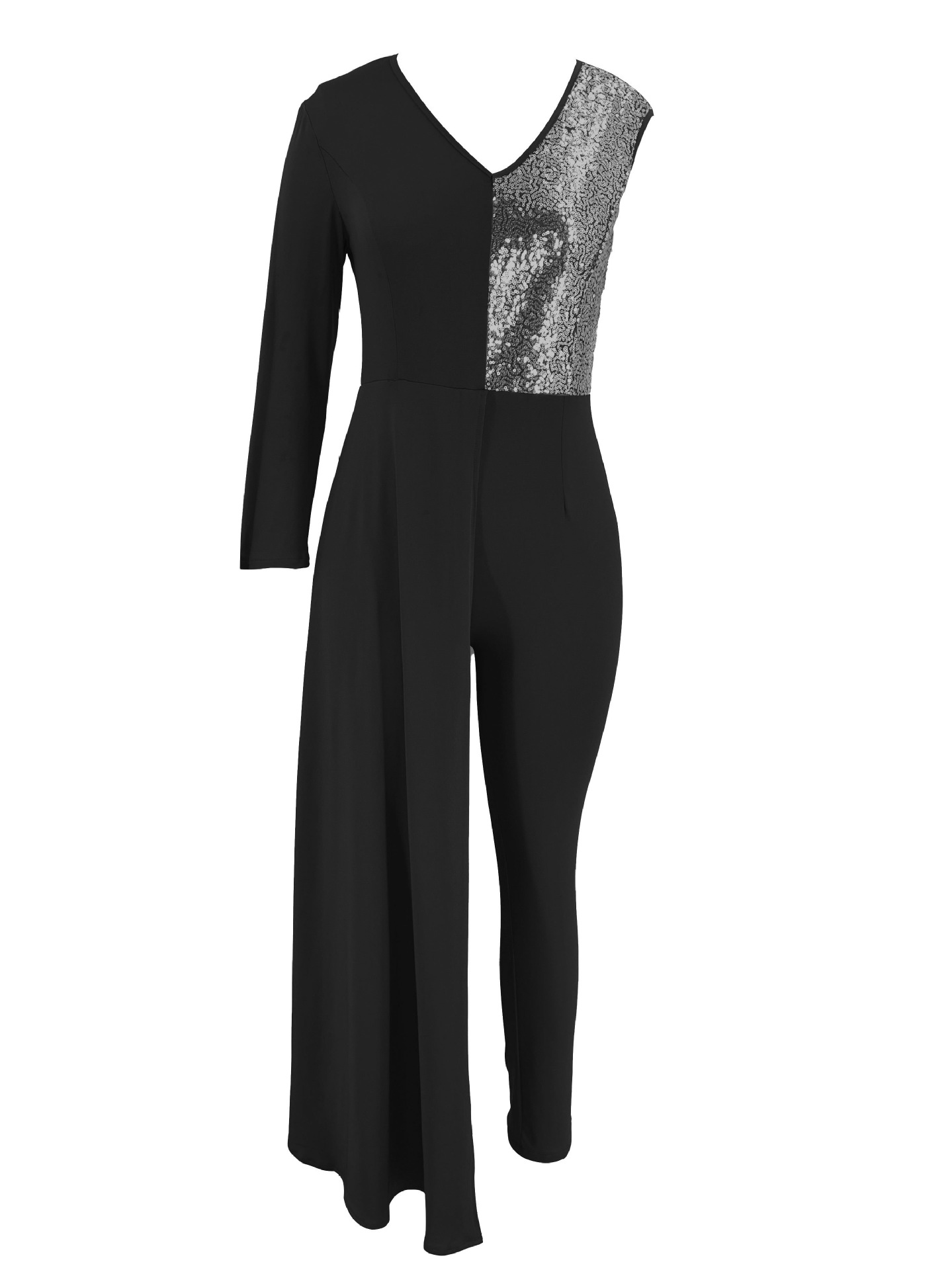 Cross-border Mujeres de Europa y América del mono de moda sexy V-cuello de lentejuelas costura delgado de un solo hombro fiesta noche mono