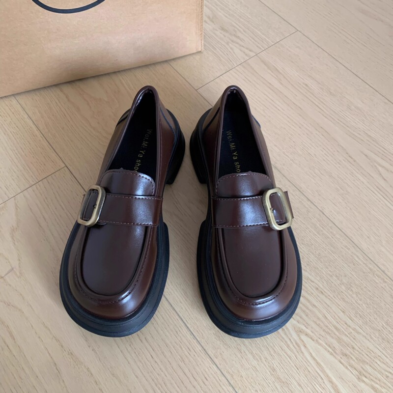 Round-Toe Black Trendy Versatile Women's Leather Shoes Spring 2025 New Chunky Heel Mary Jane Flats Mid-Heel Platform Sole