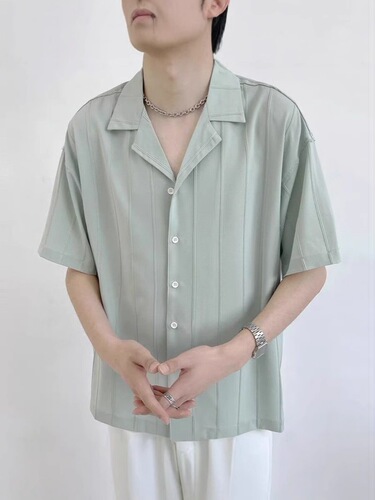 Guava Striped Shirt Men's Short Sleeve Summer Thin Ice Silk Loose Iron-Free Design Semi-Sleeve Shirt