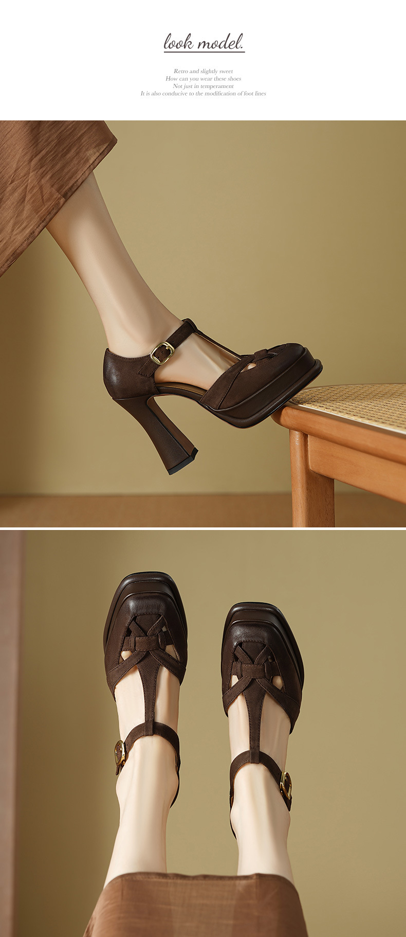 Giày sandal cao gót nữ bít mũi hở gót, quai chữ T, gót 12 cm, đế thô — Màu caramel chi tiết 3