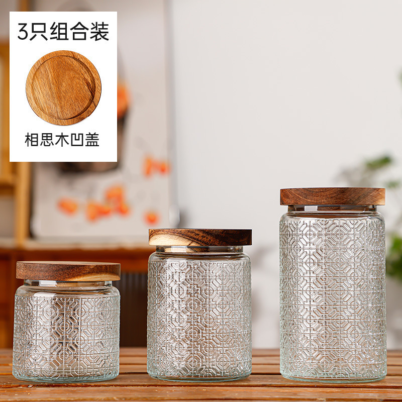 Hogar vintage Begonia flor realzada snack caramelo almacenamiento tarro bambú cubierta americana cocina transparente vidrio sellado frasco