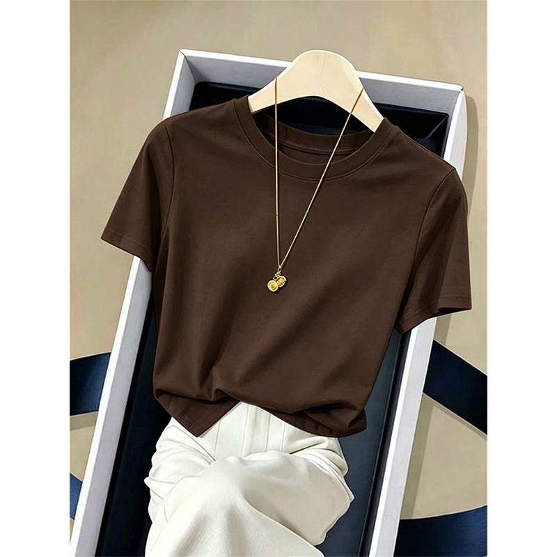 Pure Cotton Regular Shoulder Round Neck Short-Sleeve T-Shirt for Women, Coffee Color, Korean Style Classic Versatile Base Shirt Top, 2026 Summer Trend