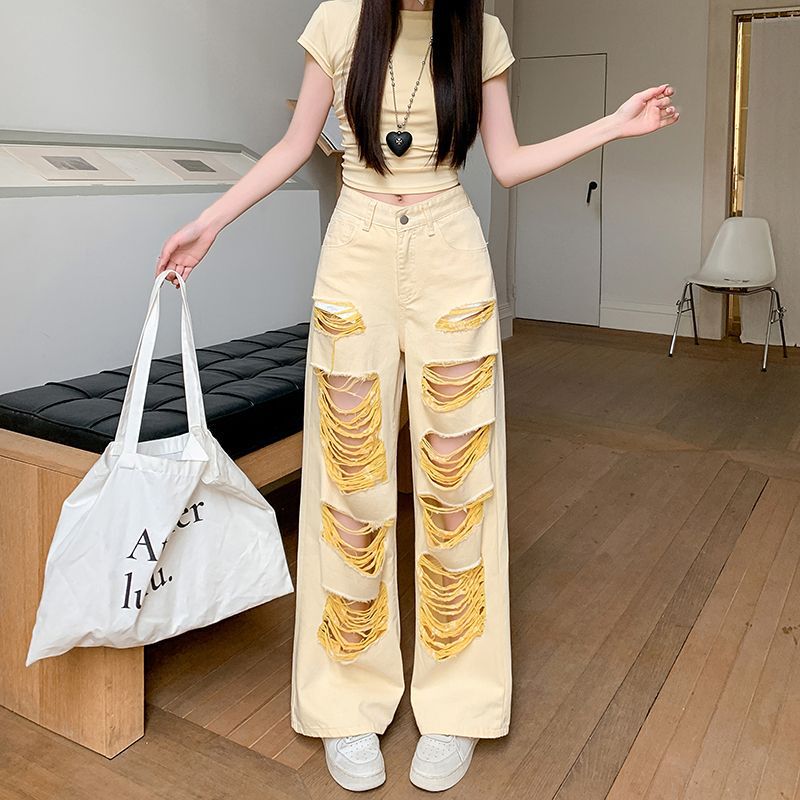 Petite American Design Yellow Ripped Wide-Leg Jeans for Women, High-Waisted, Loose, Slimming, Straight-Leg, Floor-Length Pants Petite American Design Yellow Ripped Wide-Leg Jeans for Women, High-Waisted, Loose, Slimming, Straight-Leg, Floor-Length Pants