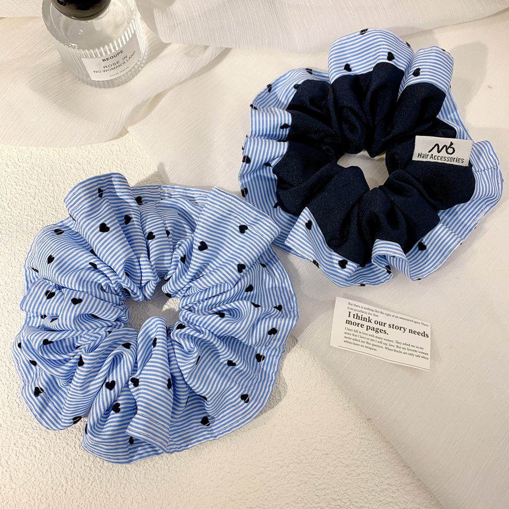 日韓氛圍感大腸發圈韓國藍色條紋植絨愛心女高級感低馬尾發繩髮飾