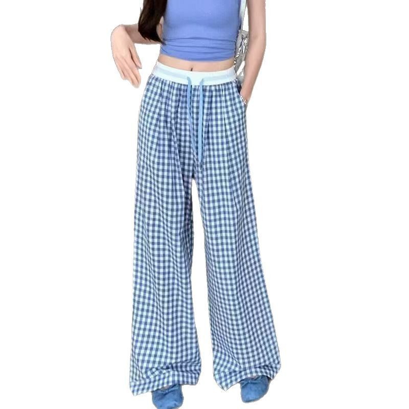 ピンクの格子柄ワイドパンツ レディース 夏 薄手 ゆったり カジュアル ストレート ドレープ ロングパンツ ハイウエスト 着痩せ効果|undefined
