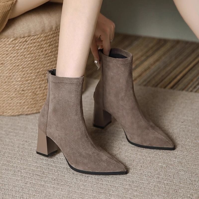 Suede Thick Heel High Heels Small Short Boots for Women 2025 Autumn and Winter New Chelsea Frosted Round Toe Slim Boots Fleece-Lined