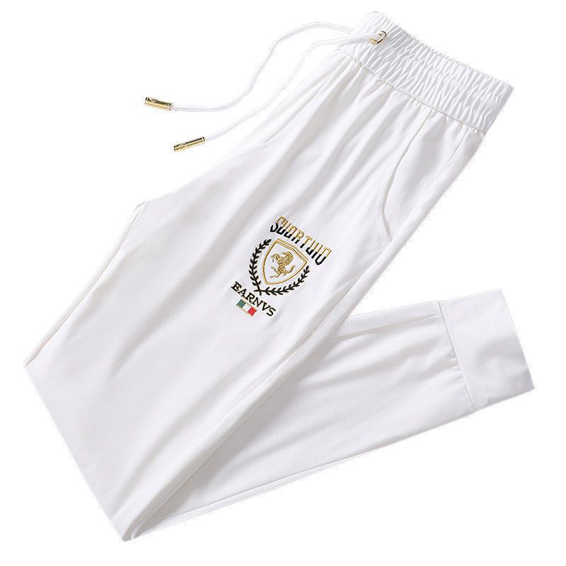 White embroidered casual summer thin trendy ice silk for men's Harun 9-point sports pants_voghion.com