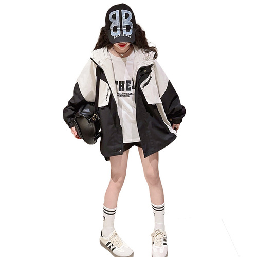 Girls  new spring style children's versatile tops, fashionable spring clothes, medium and large children's color-blocked jackets