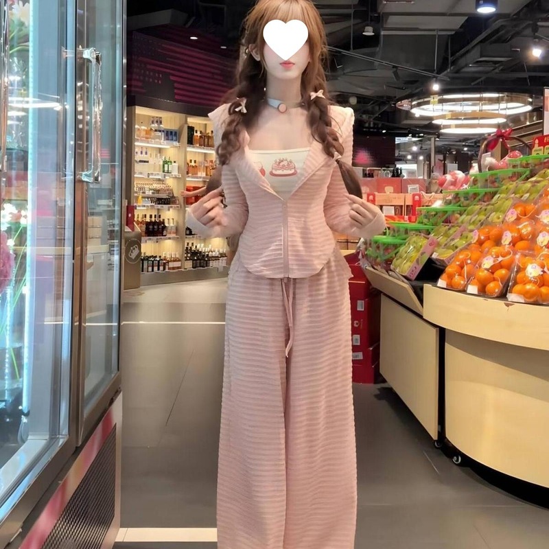 慵懒猫咪修身显瘦纯欲网红风连帽背心上衣+阔腿长裤套装女早秋|undefined